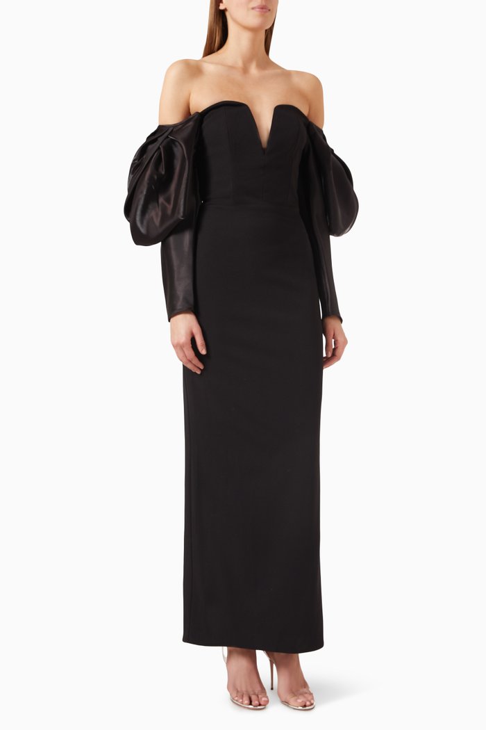 

Rose Drape Sleeve Bustier Dress, Black