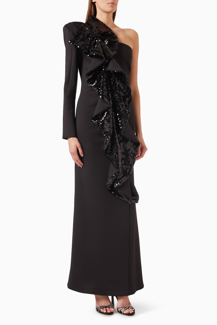 

Sequin-embellished Ruffle Gown, Black