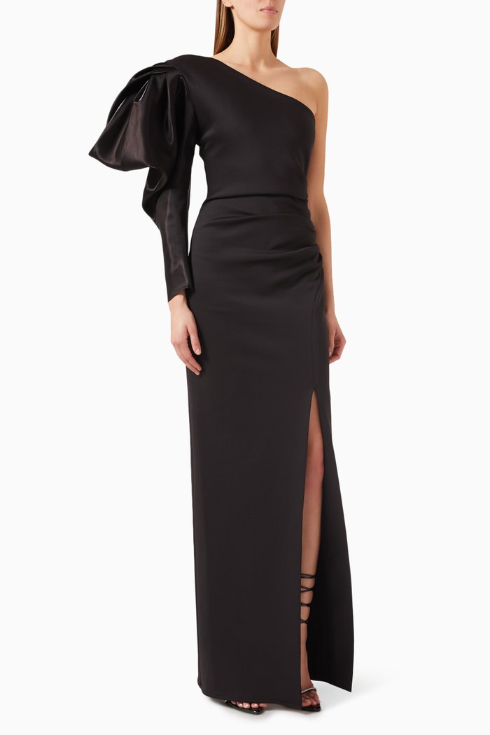 

Rose Drape One-shoulder Gown, Black