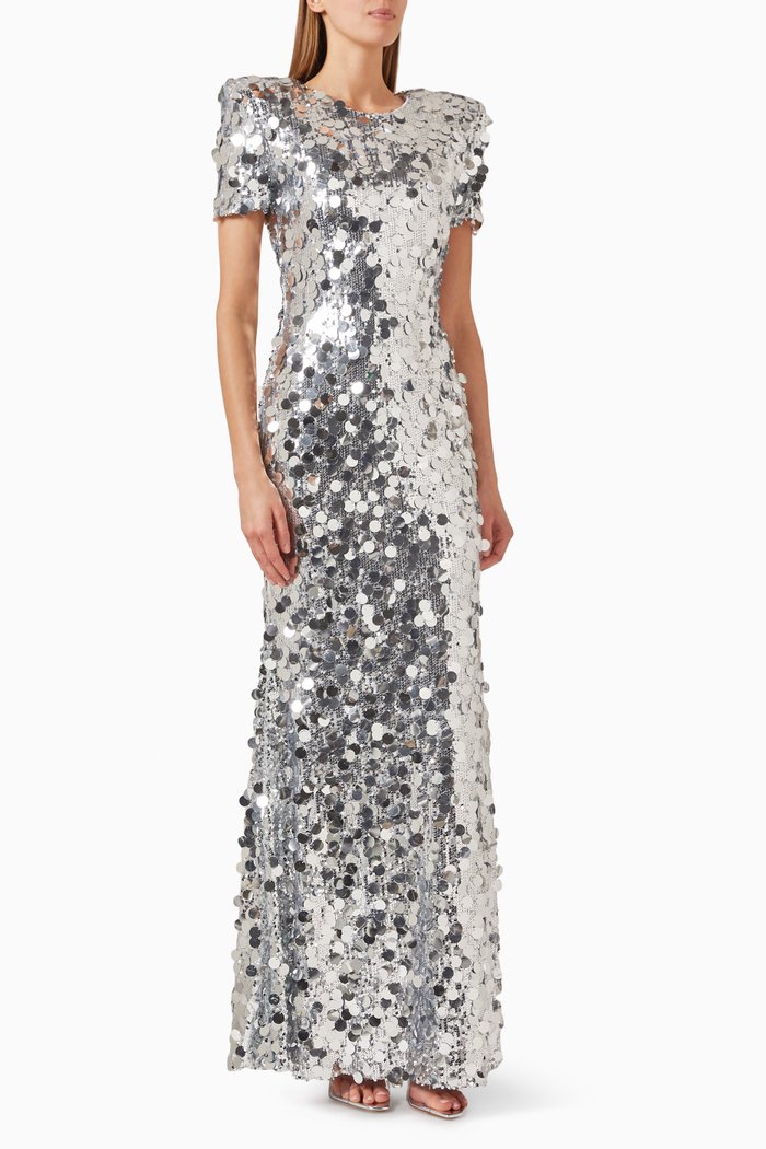 Mirror Sequin Maxi Dress, Silver