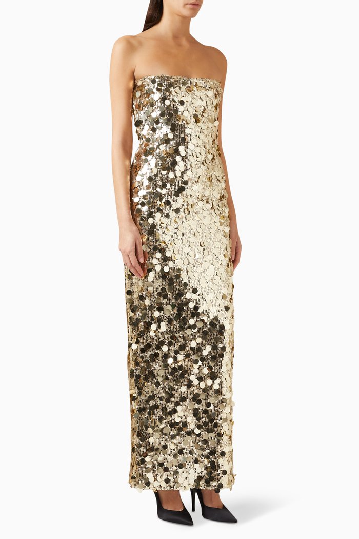 

Strapless Maxi Dress in Mirrored Sequins, Gold