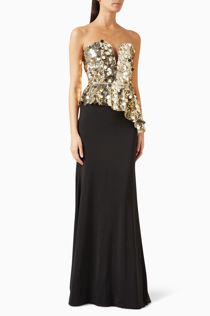 

Bustier Gown in Mirrored Sequins & Crepe, Gold