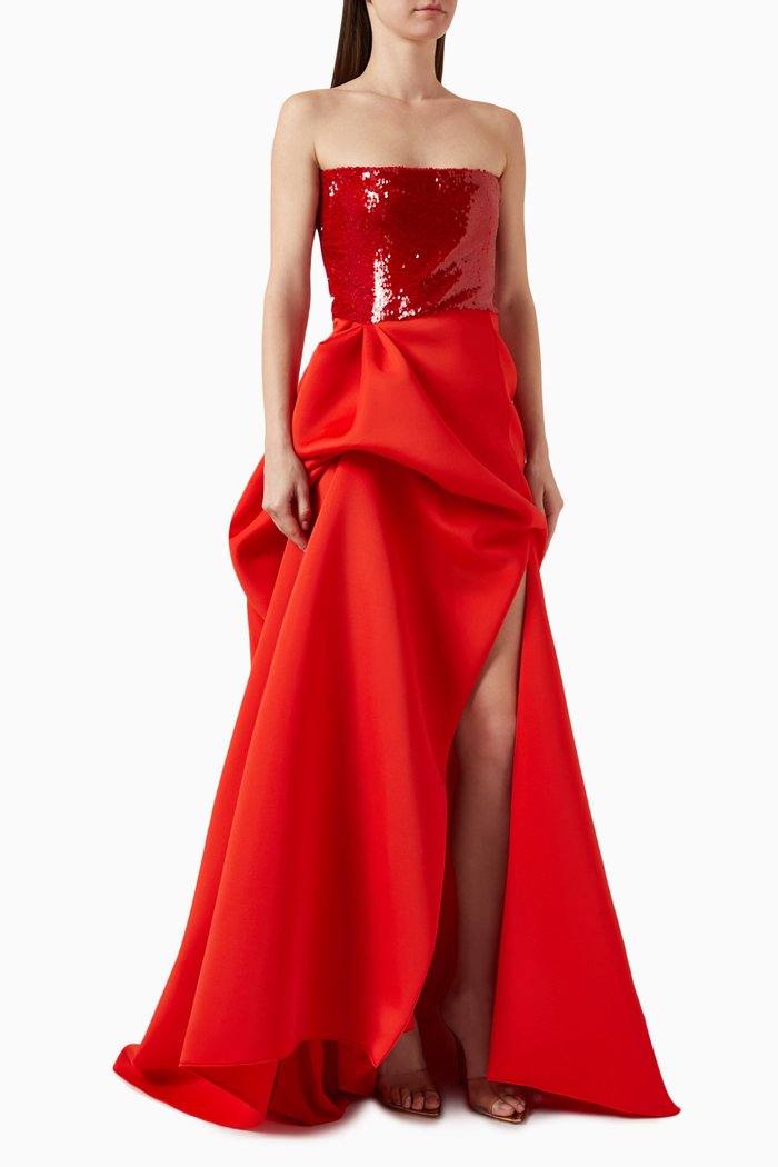Strapless Sequin Sculptured Gown in Neoprene, Red