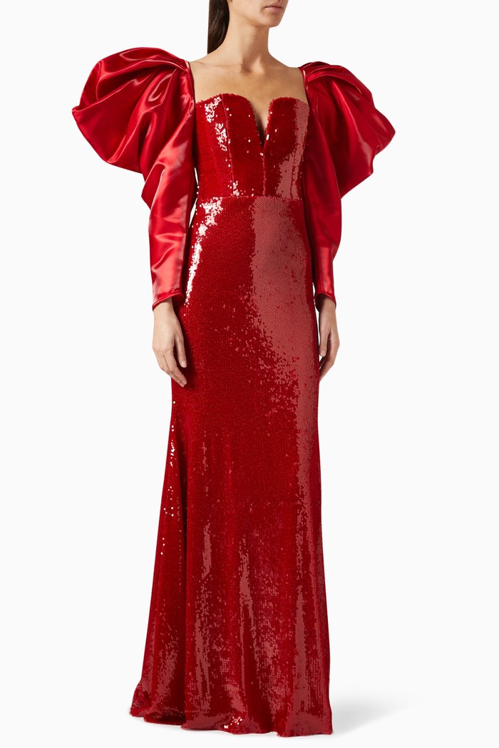 

Rose Draped Sleeve Gown in Sequins, Red