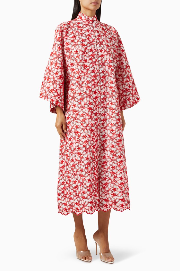 Floral Embroidered Kaftan in Cotton, Red