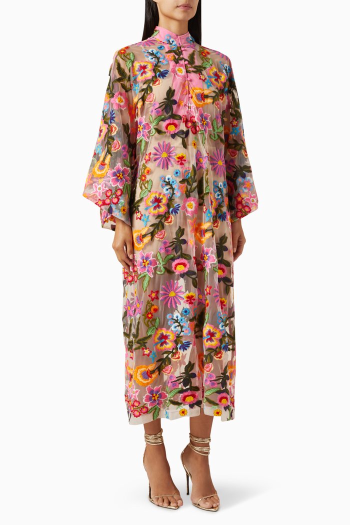 Floral Embroidery Maxi Kaftan in Tulle, Multicolour
