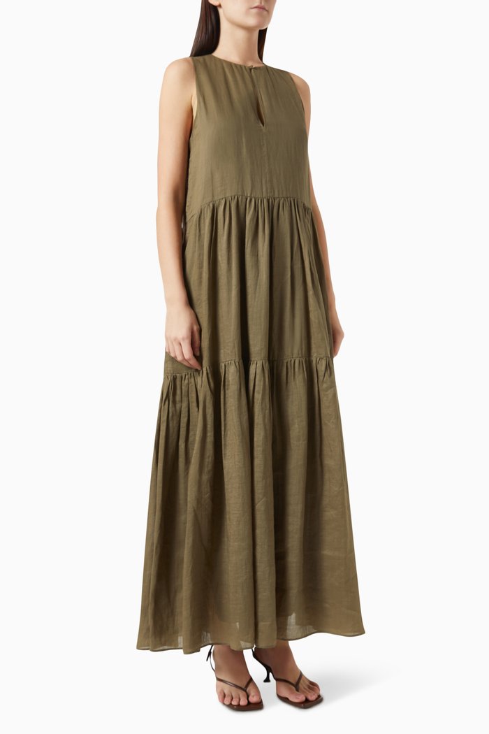 Sleeveless Tiered Maxi Dress in Ramie, Green