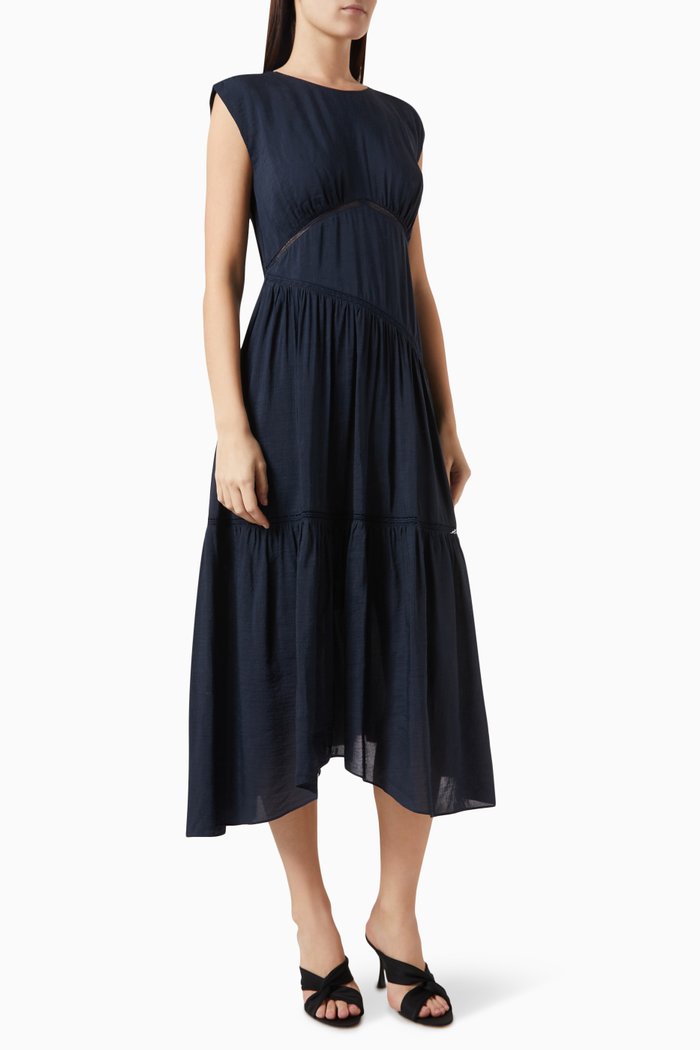 

Gathered Seam Lace Inset Midi Dress in Linen-blend, Blue