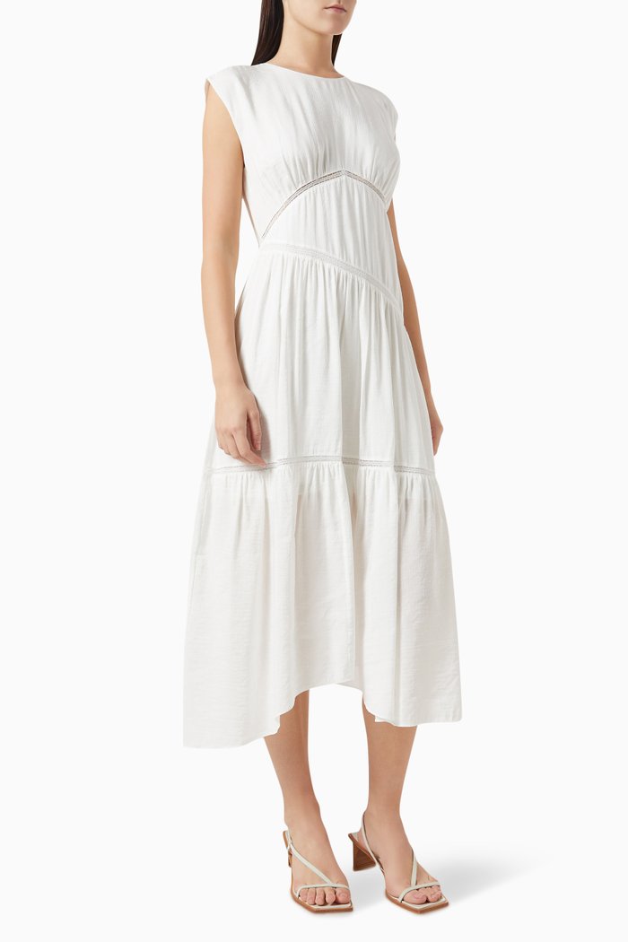 Gathered Seam Lace Inset Midi Dress in Linen-blend, White
