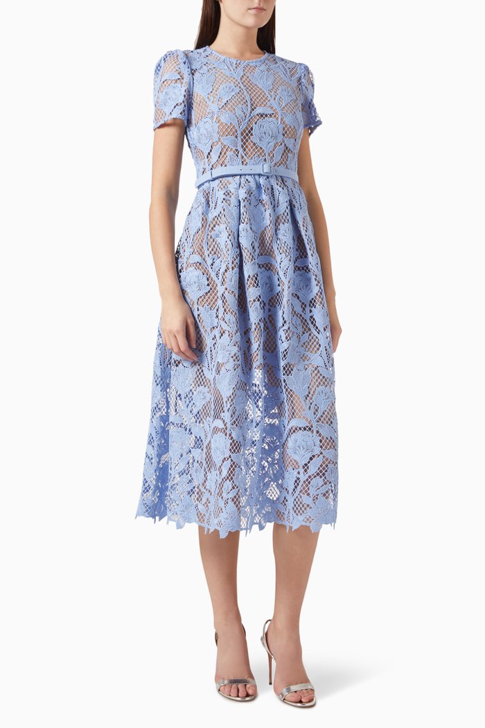 

Belted Midi Dress in Lace, Blue