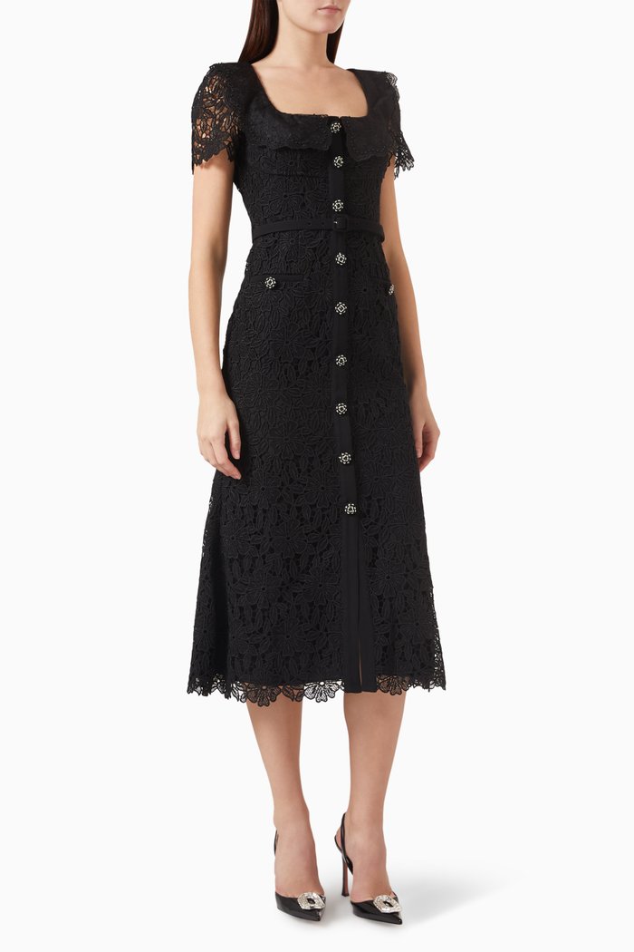 

Collared Midi Dress in Guipure Lace, Black