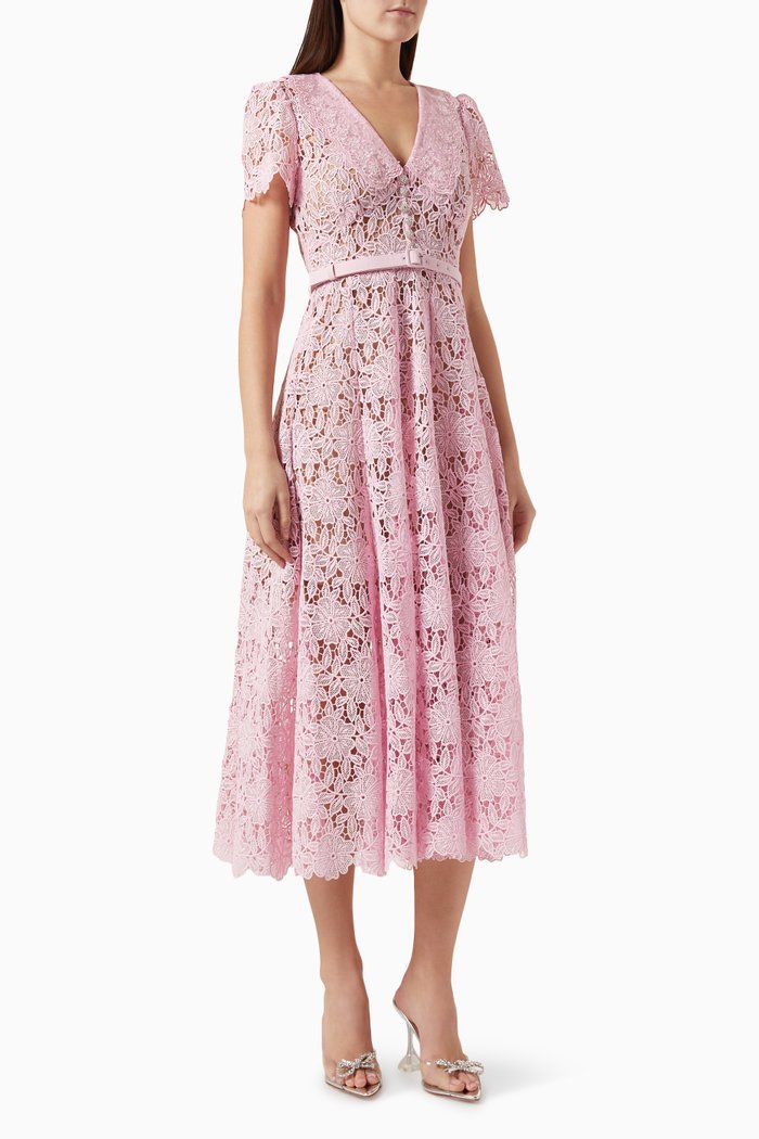 

V-neck Midi Dress in Guipure Lace, Pink