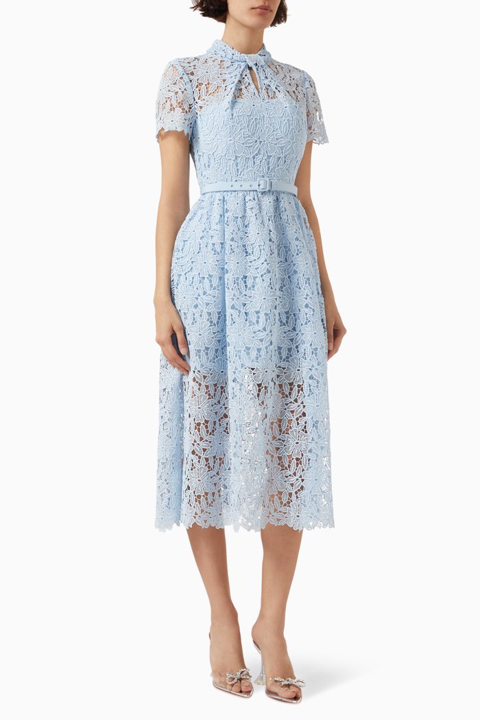 

V-neck Midi Dress in Guipure Lace, Blue