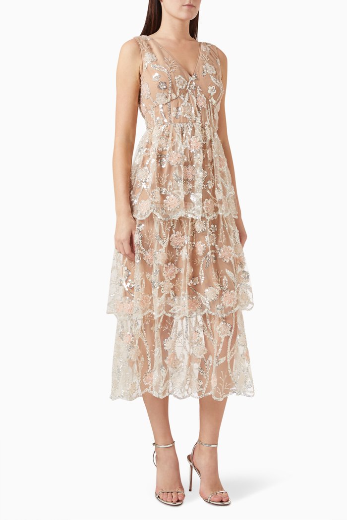 

Flower Midi Dress in Sequin, Silver