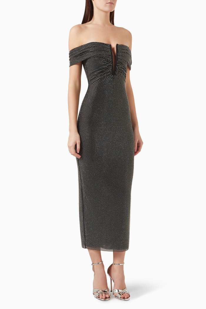 Printed Midi Dress in Mesh, Black