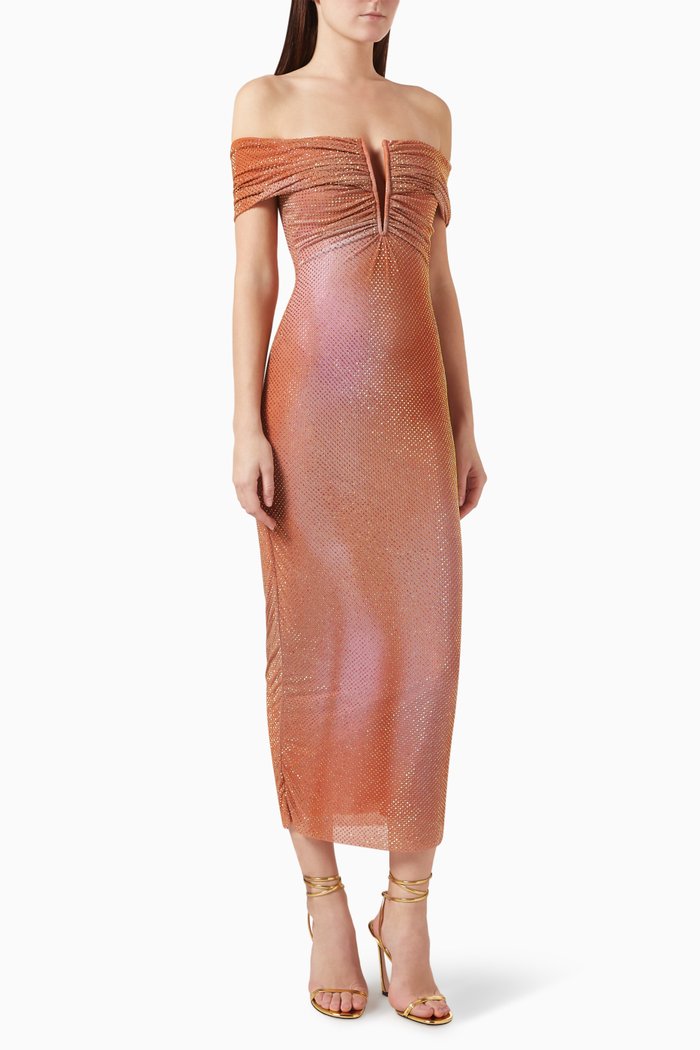 

Printed Midi Dress in Mesh, Orange