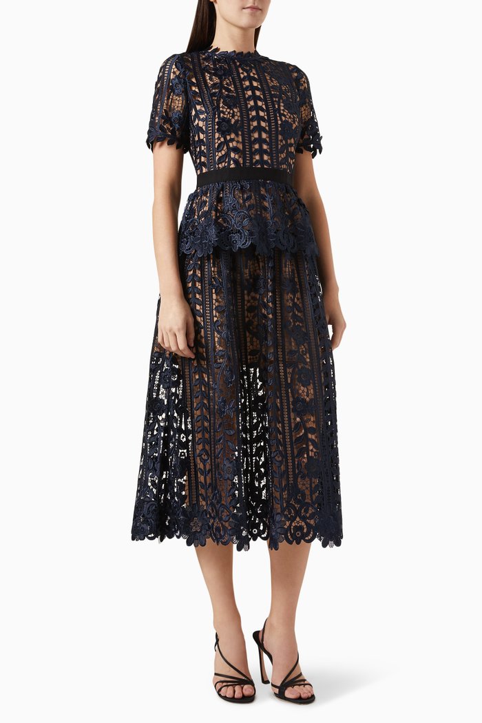 

Peplum Midi Dress in Guipure Lace, Blue