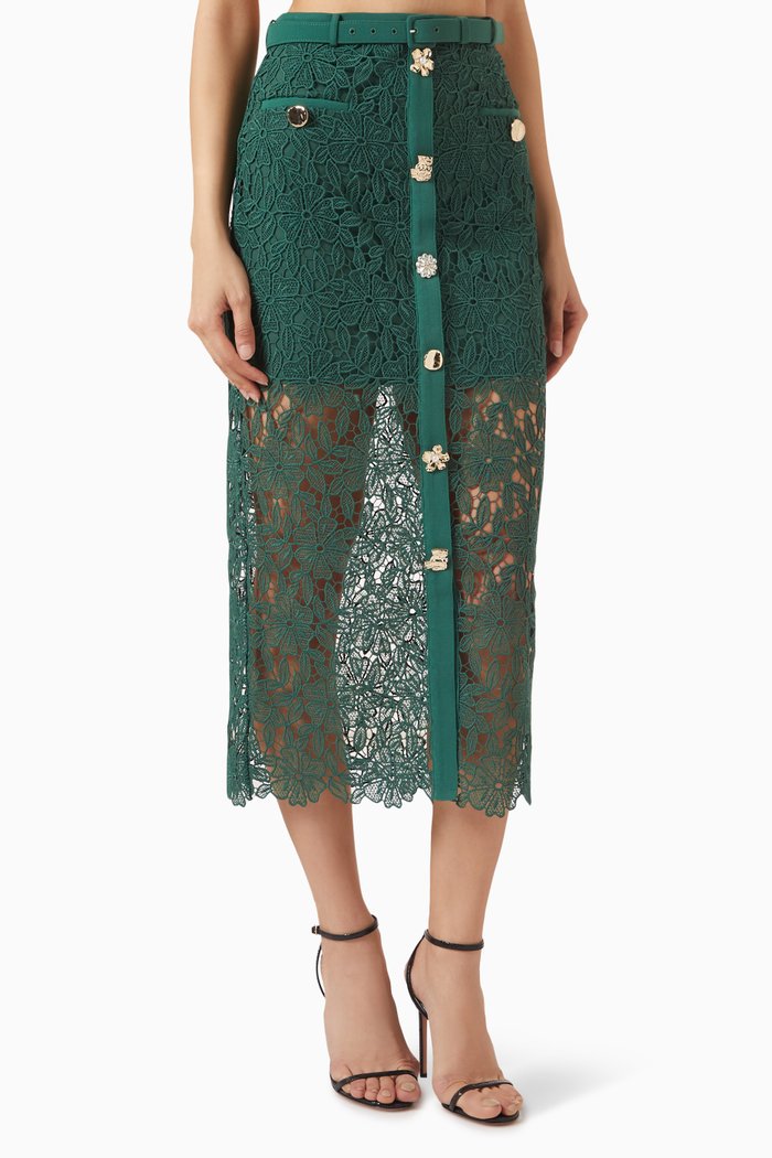 

Belted Midi Skirt in Guipure Lace, Green