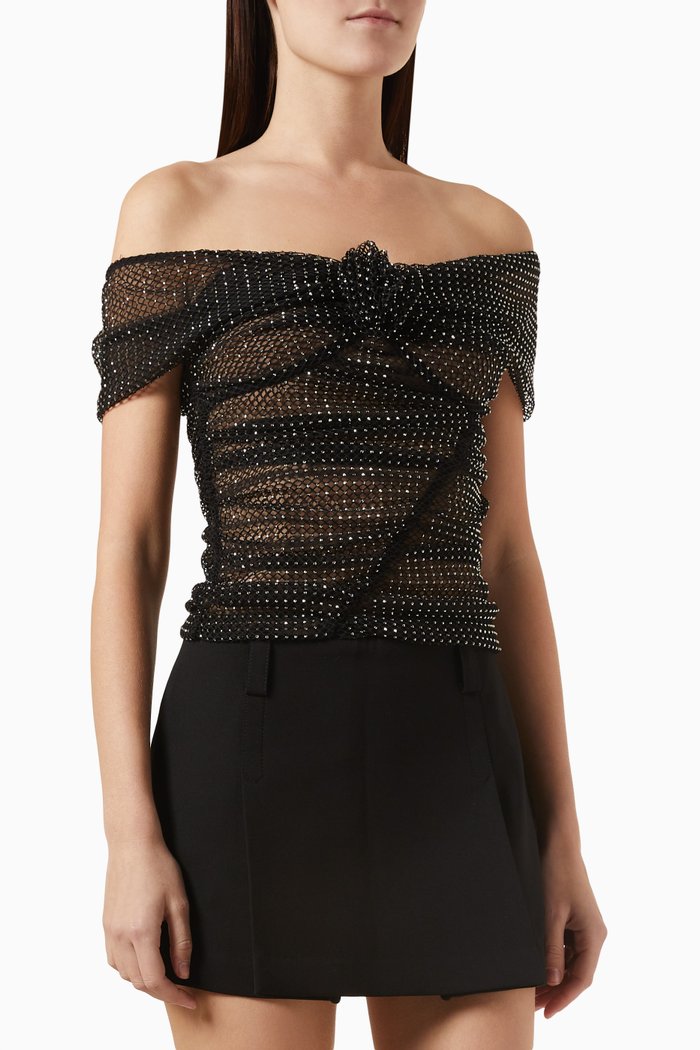 

Embellished Ruched Top in Fishnet, Black
