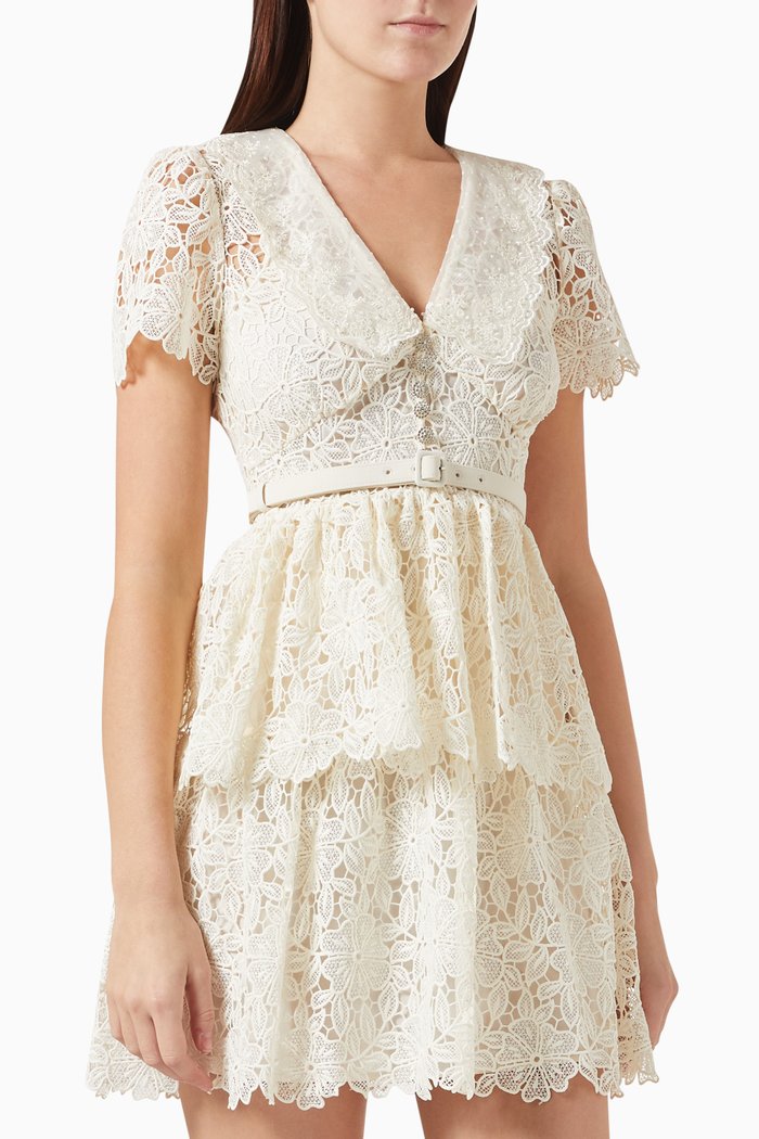 

Flower Collar Mini Dress in Lace, Neutral