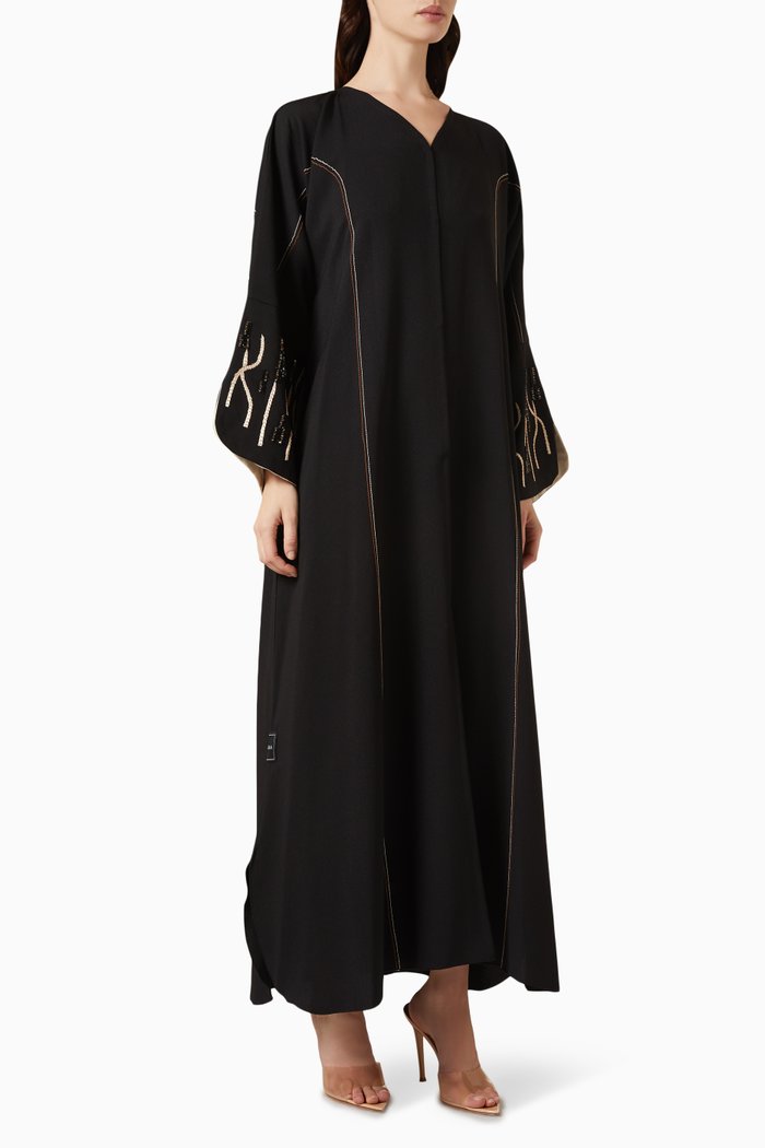 

Thread-embroidered Abaya with Flap Sleeves, Black