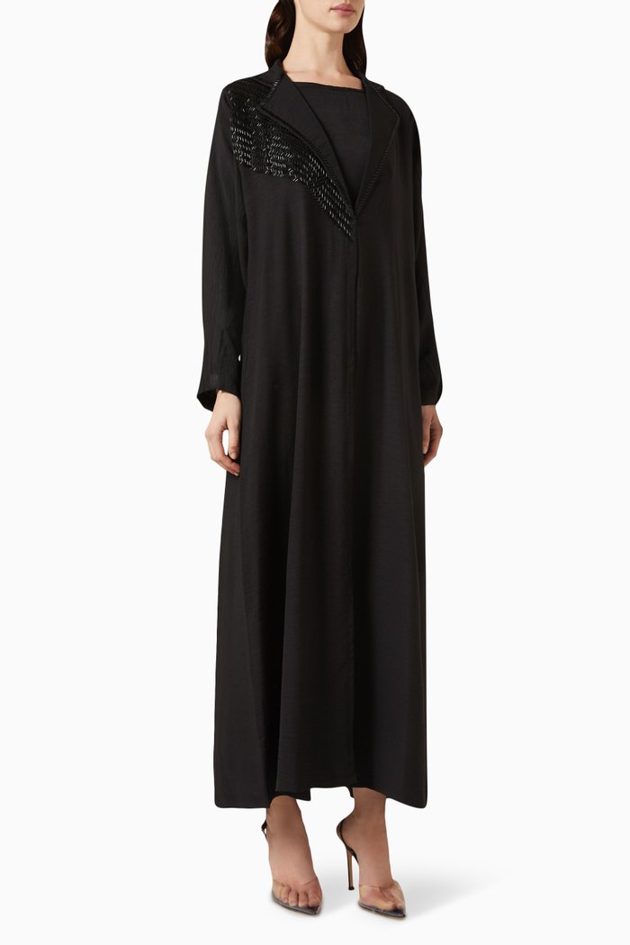 3D Tonal Thread-embroidered Abaya, Black