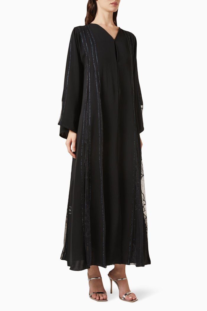 

Strass & Lace Cut-out Embellished Abaya, Black