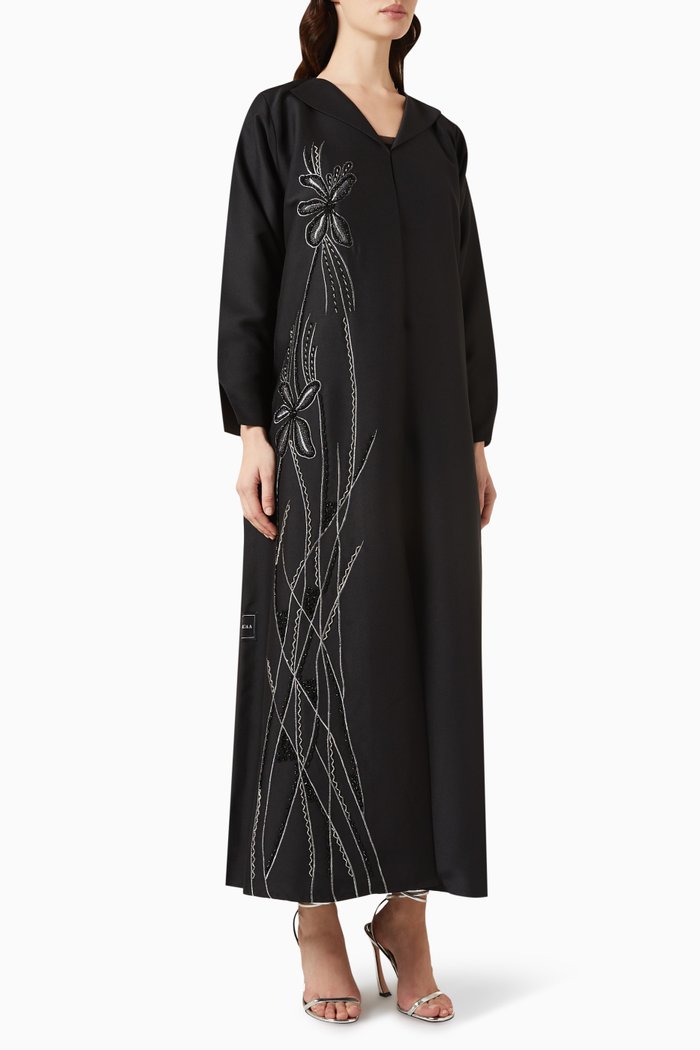 

Flower Thread-embroidered Abaya, Black