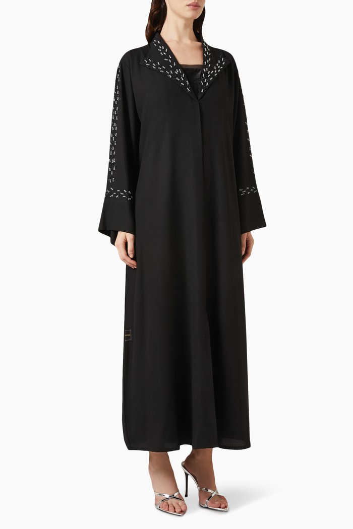 Stones-embroidered Open Collar Abaya, Black