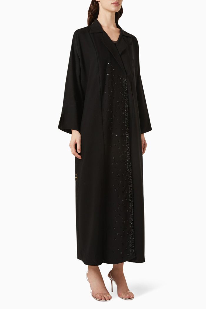 

Stones-embroidered Open Collar Abaya, Black