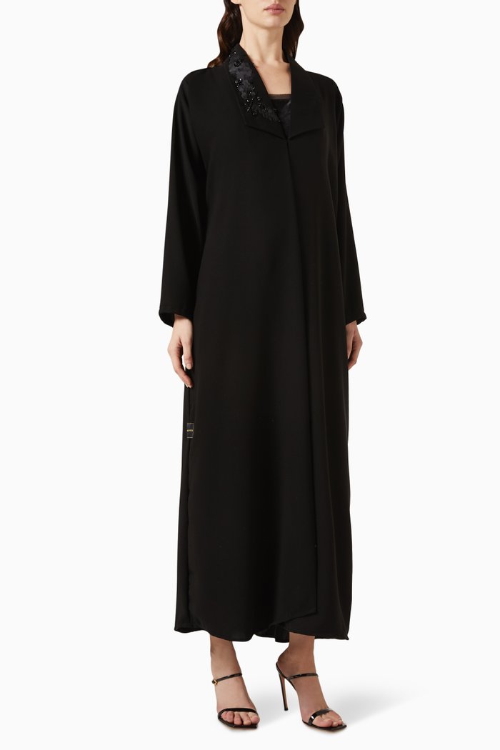 

3D Thread-embroidered Open Collar Abaya, Black