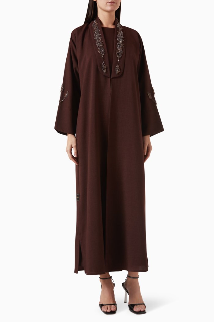 

Beaded Abaya Set in Mixed Linen, Brown