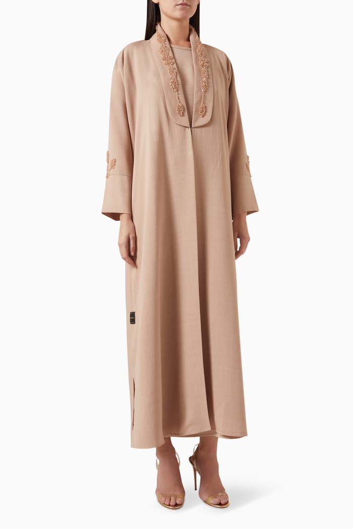 

Beaded Abaya Set in Mixed Linen, Pink