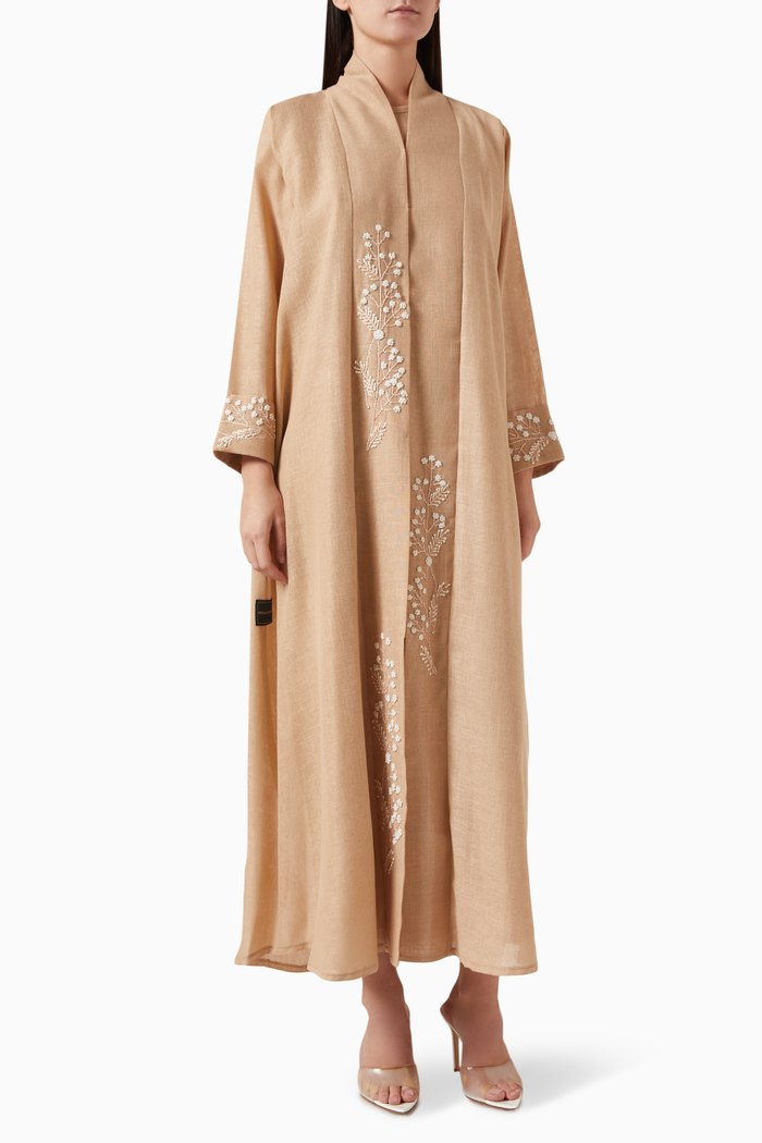 

3D Thread Embroidered Abaya in Linen, Neutral