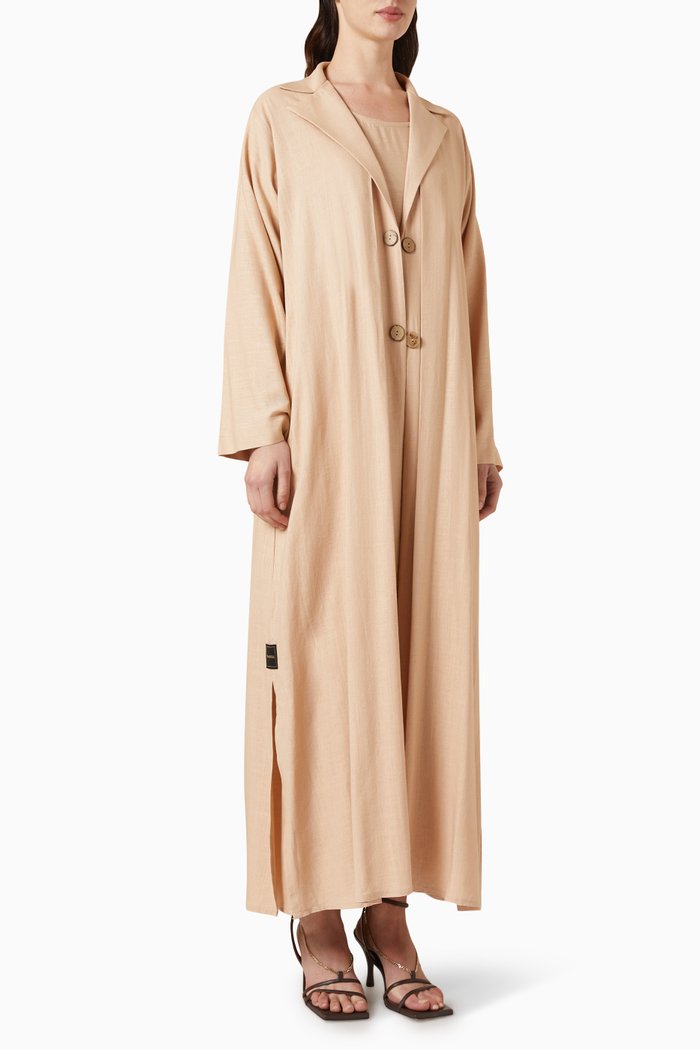 

Open-collar Button Coat Abaya with Inner Dress, Neutral