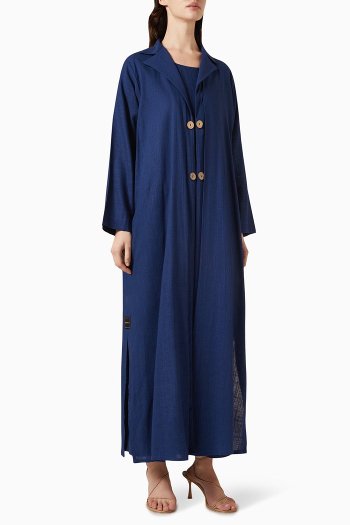 Open-collar Button Coat Abaya with Inner Dress, Blue