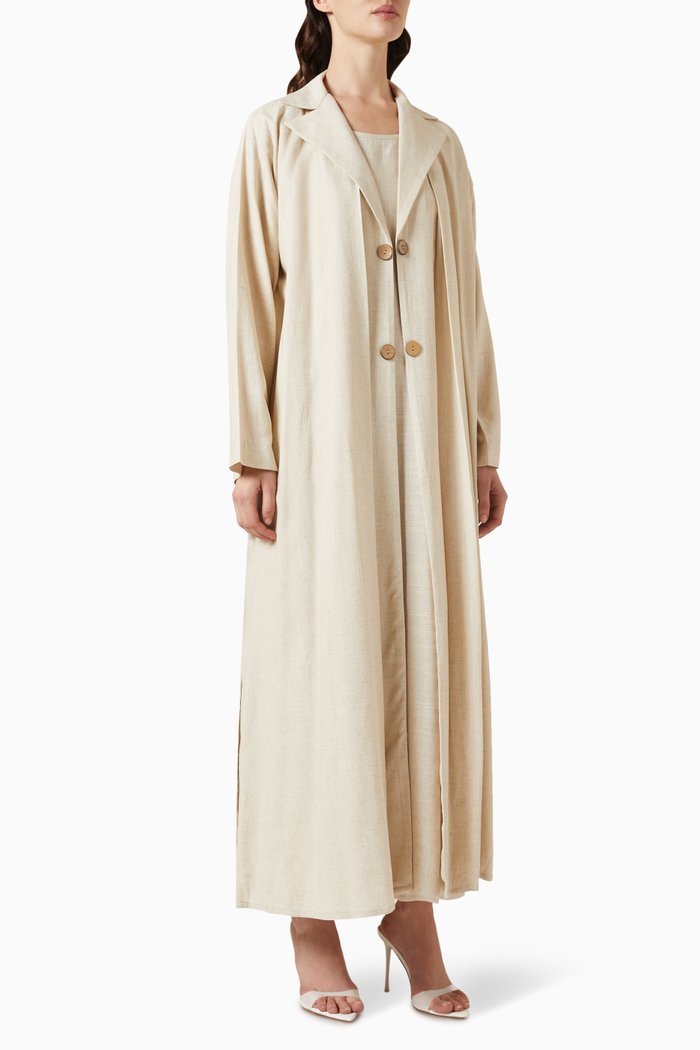 Open-collar Button Coat Abaya with Inner Dress, Neutral
