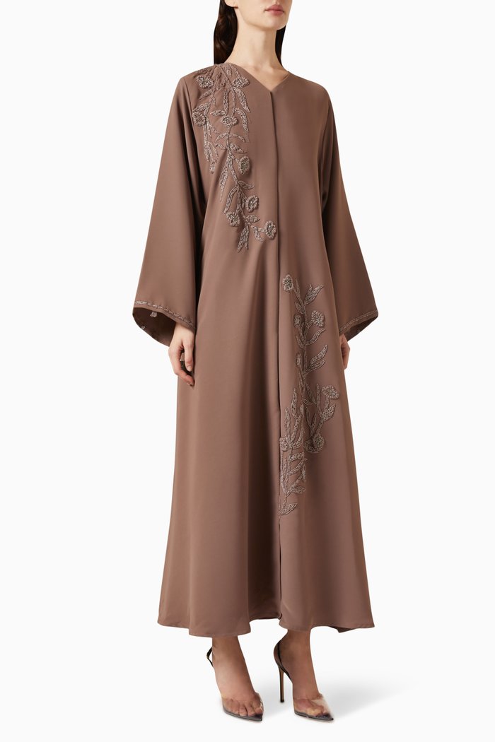 

3D Thread & Bead Embellished Abaya, Neutral
