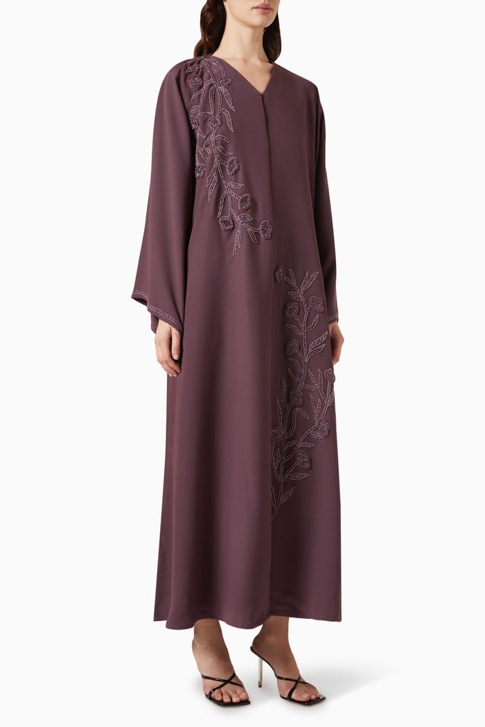 3D Thread & Bead Embellished Abaya, Purple