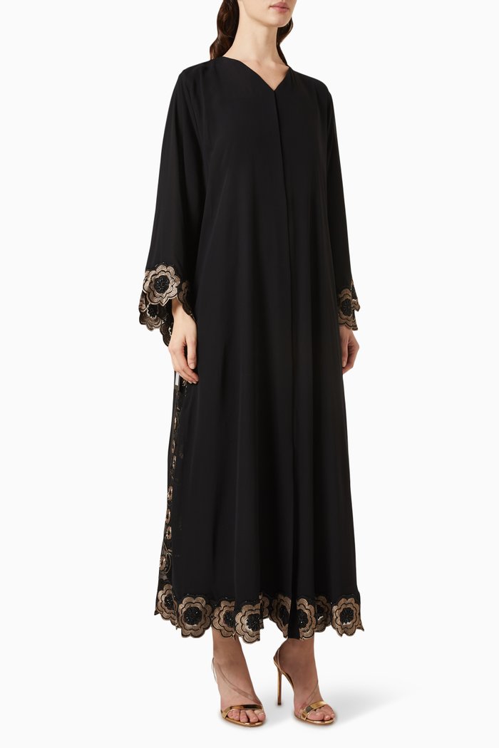 

Floral Bead-embellished Abaya, Black