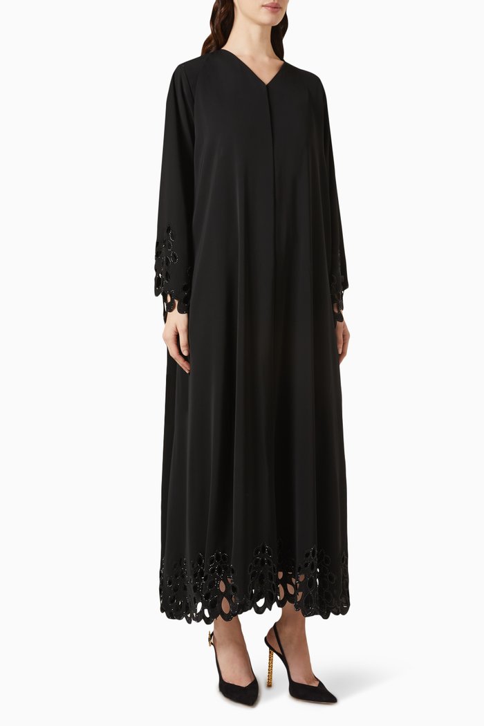 

Laser Cut-work Strass-embellished Abaya, Black