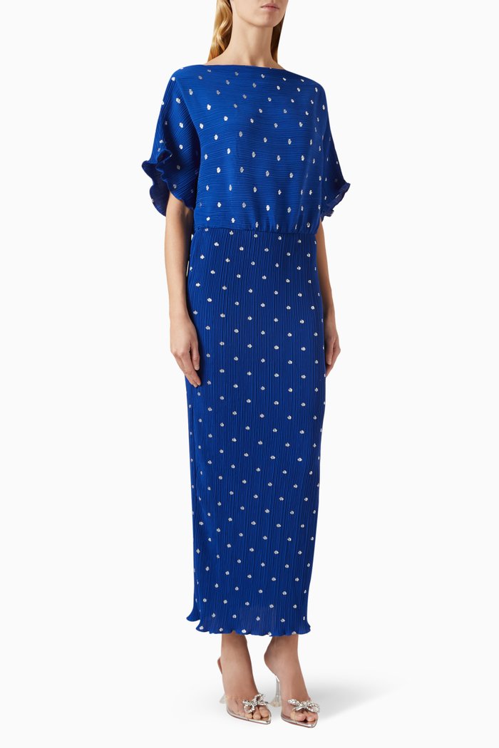 

Tilly Off-shoulder Maxi Dress in Plissé, Blue