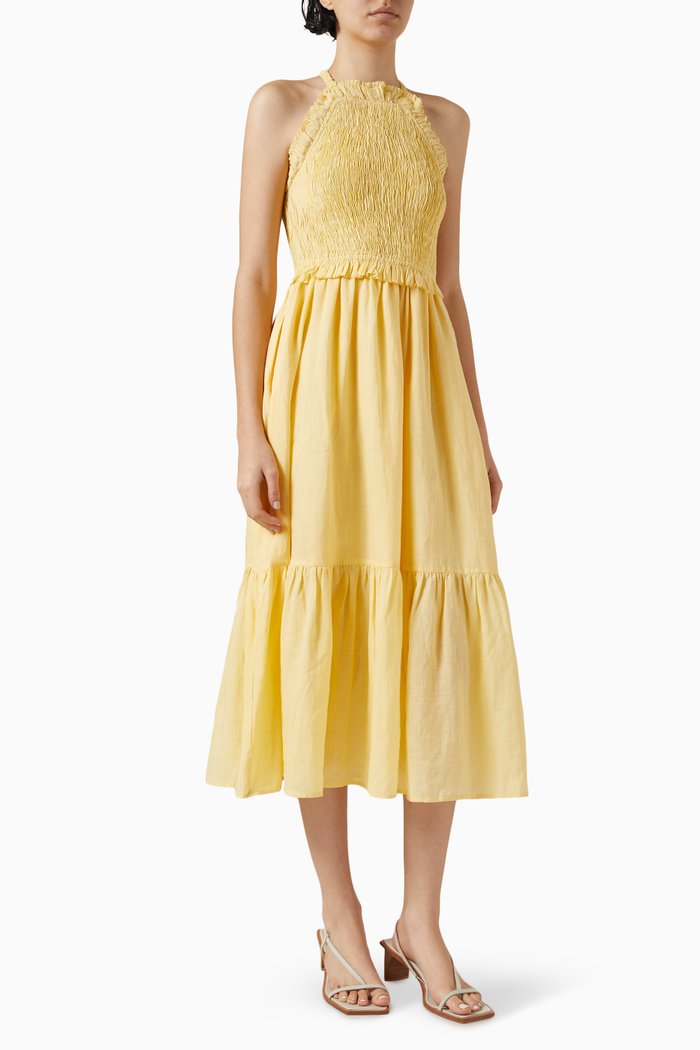 

Cole Smocked Midi Dress in Ramie, Yellow