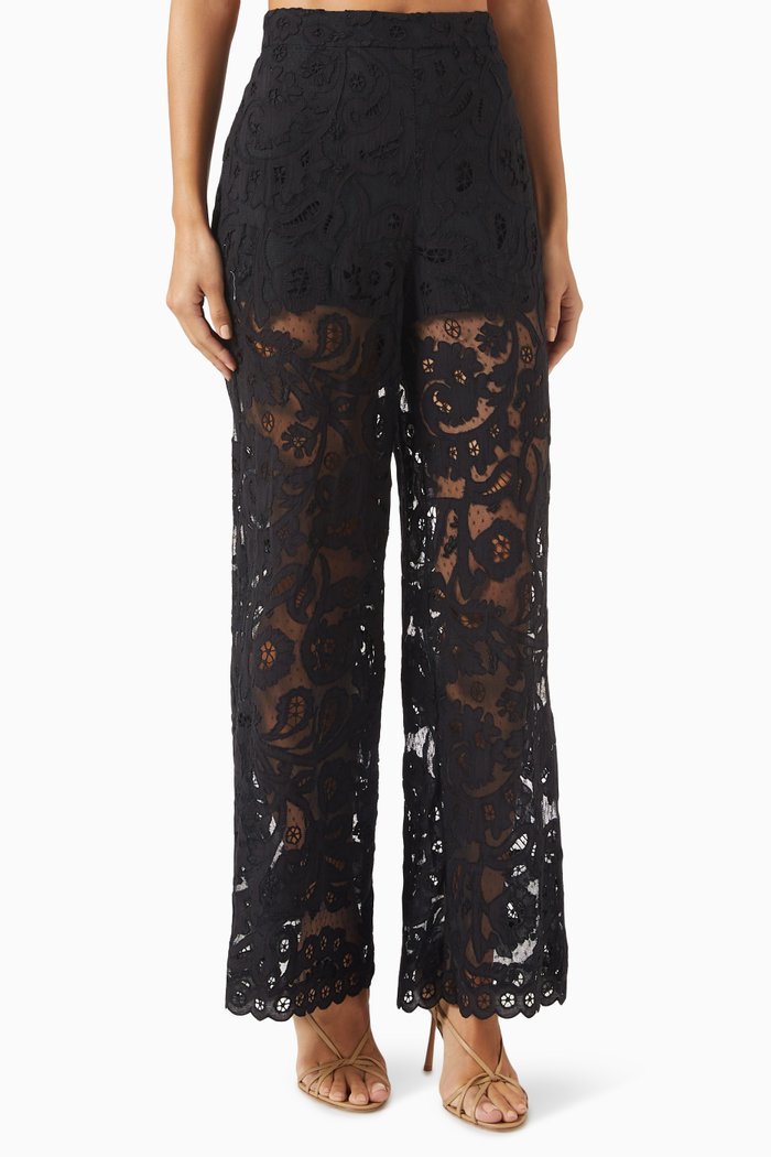 

Lovina Wide-leg Pants in Embroidered Lace, Black