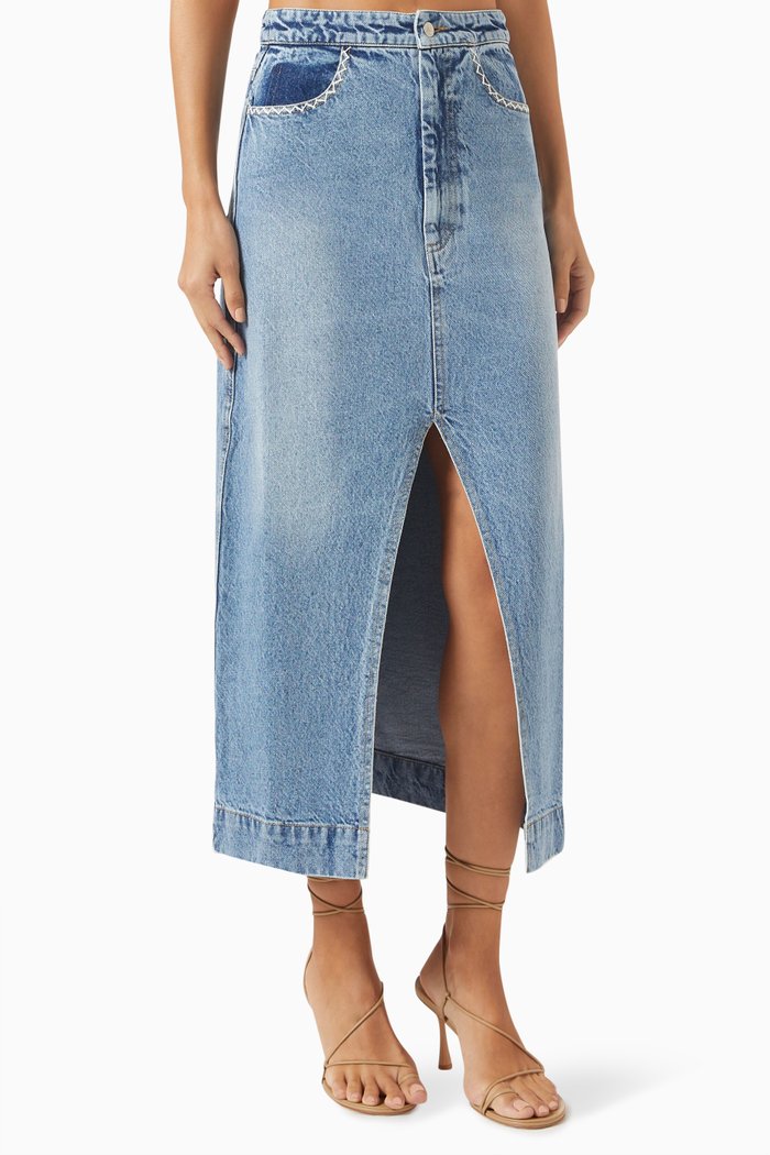 

Marion Midi Skirt in Cotton-denim, Blue