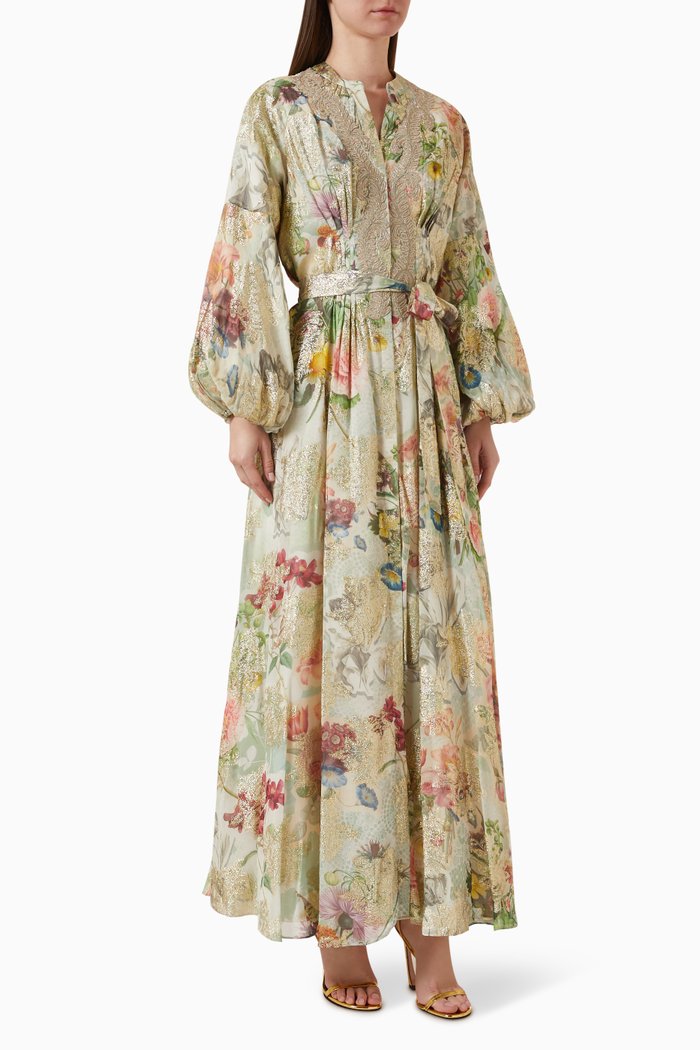 

Zoya Belted Maxi Dress in Lurex Georgette, Green