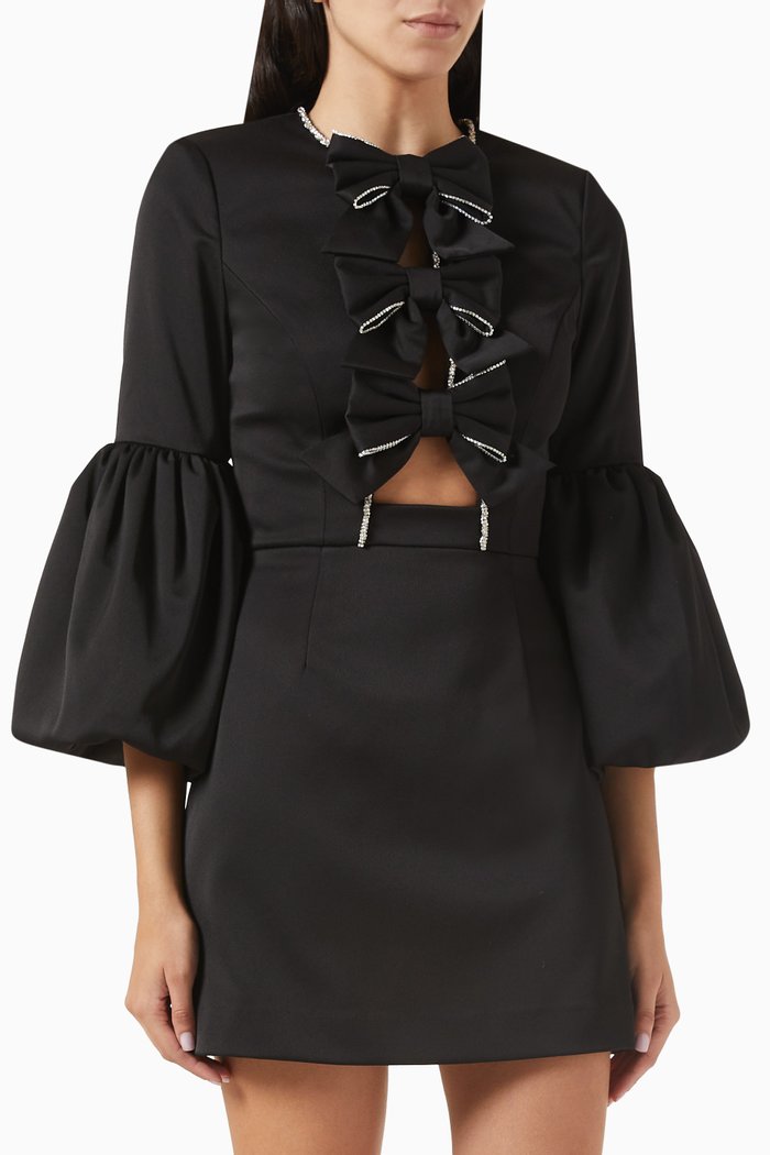 

Augustine Bell-sleeve Mini Dress in Satin, Black