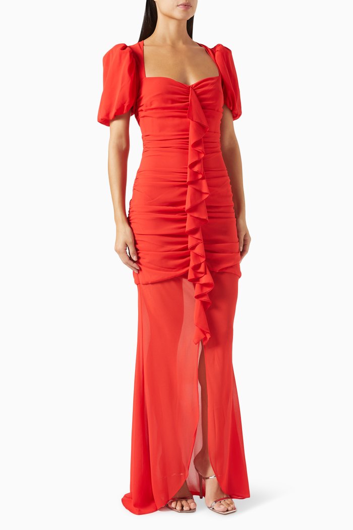

Cappuccino Ruffle Maxi Dress in Chiffon, Red
