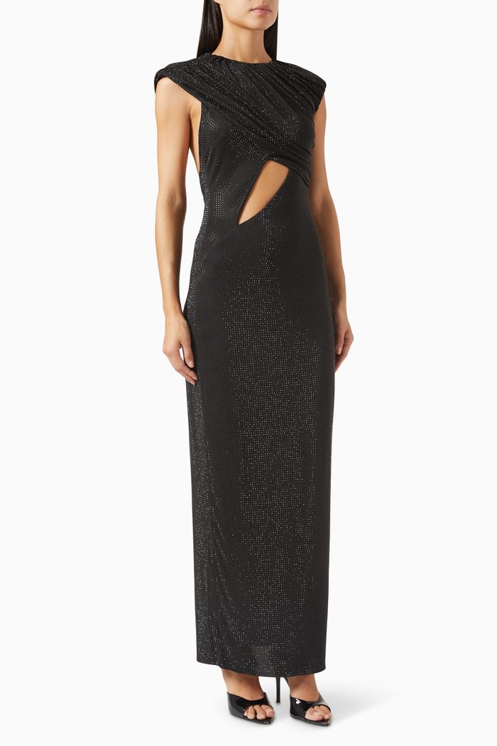 

Mousseline Embellished Maxi Dress in Jersey, Black