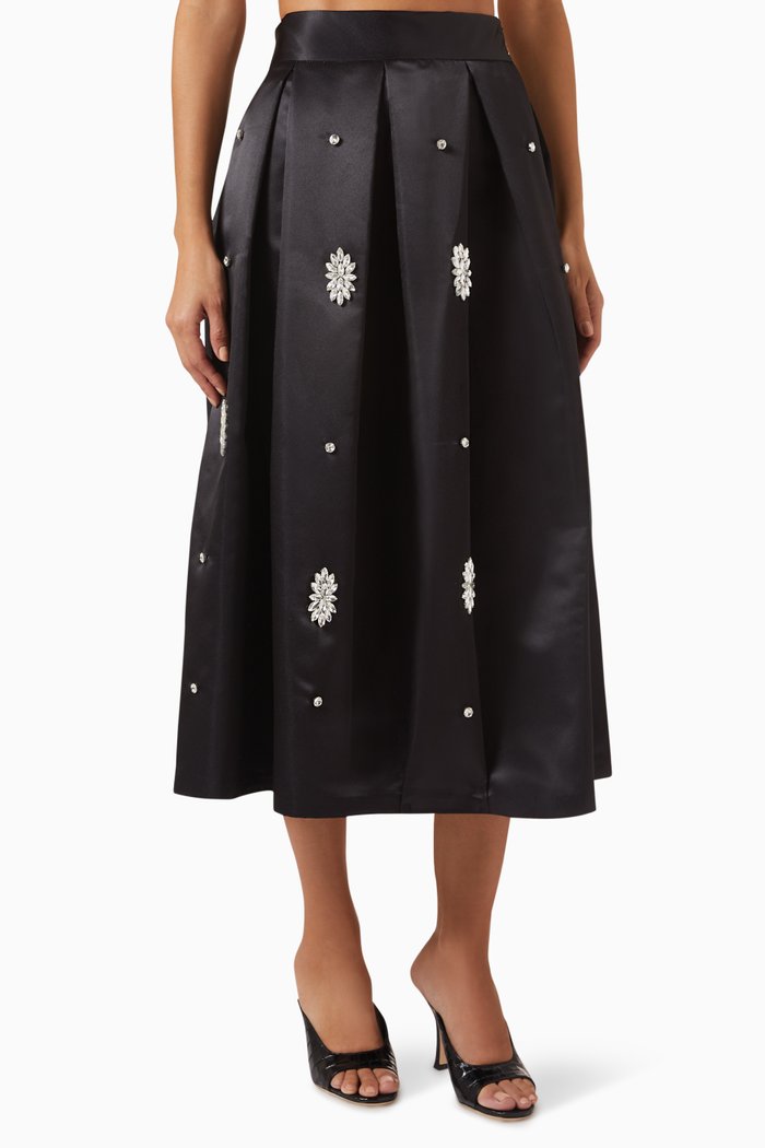 Embellished Pleated Maxi Skirt, Black